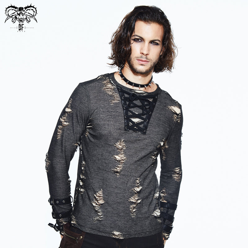 TT099 Autumn everyday wear men black and apricot broken holes punk long sleeves T-shirt