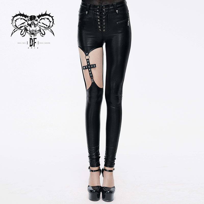PT061 Hollow out cross shaped elastic sexy ladies punk tight leather pants