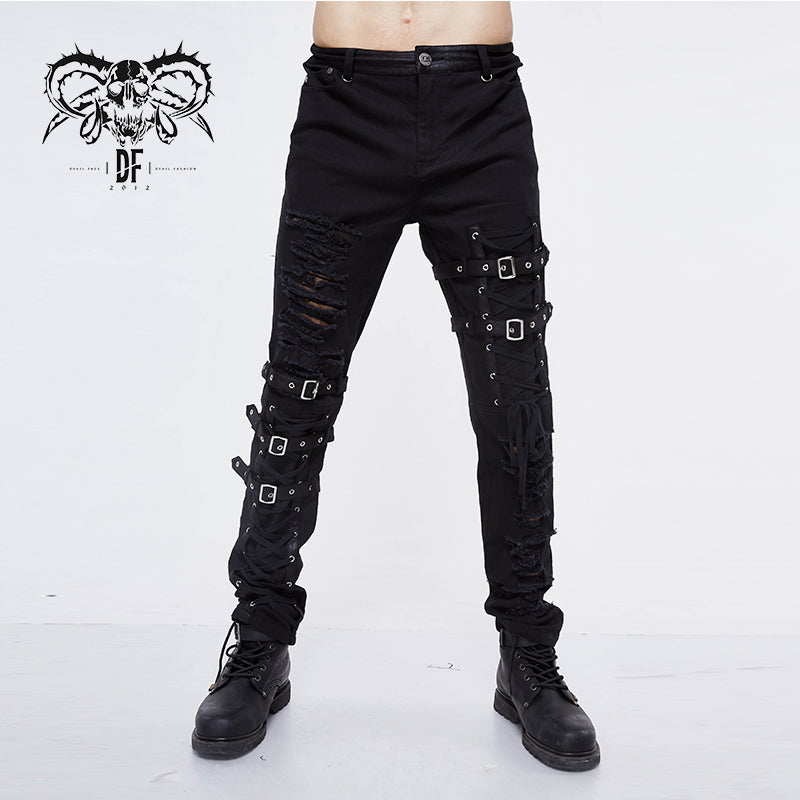 PT092 Asymmetric loops ragged black men punk rock broken holes bandage trousers