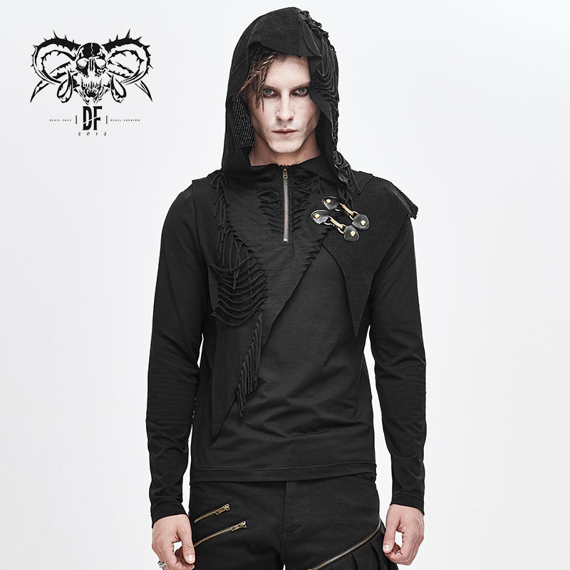 TT140 Devil fashion designer asymmetric tatters worn out hooded winter shirts
