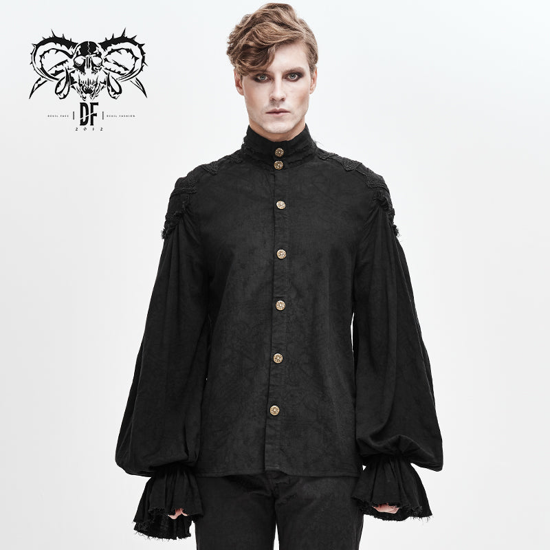 SHT04801 steampunk puff sleeve dark grain jacquard cotton and linen men black shirts