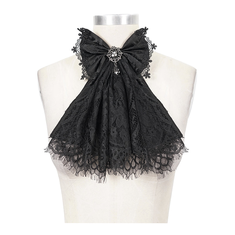 AS07301 black Gothic lace bow tie with diamonds