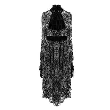Load image into Gallery viewer, SKT09801 daily black Queen floral flocking printed long sleeves velvet tunic dress with tie

