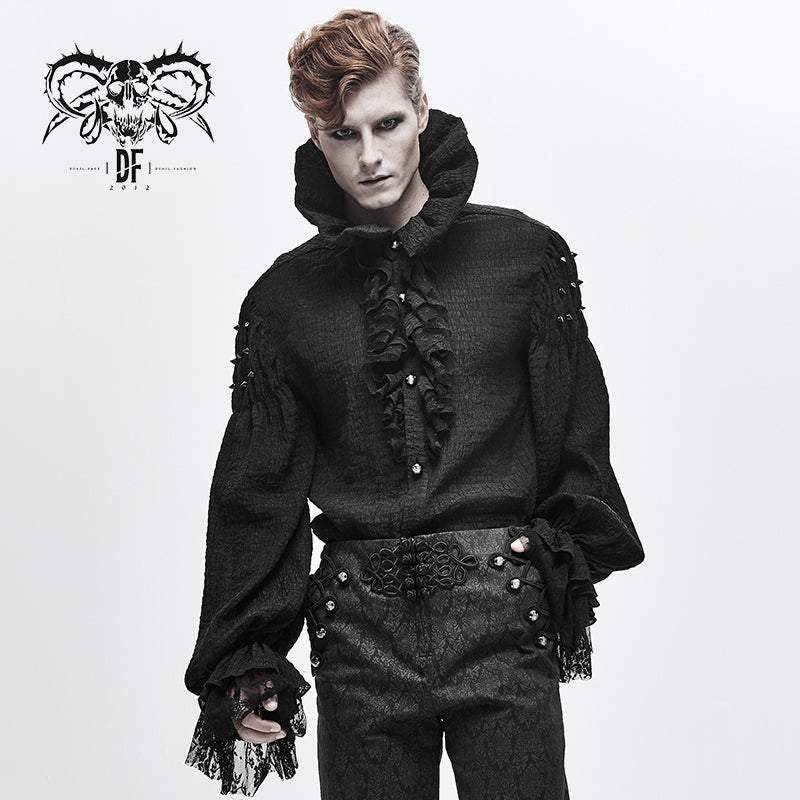 SHT05001 Gothic double layer cuff design high collar pleated chiffon black men lace shirts