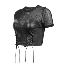 Load image into Gallery viewer, TT194 Cracked mesh leather spliced women&#39;s short sleeves top
