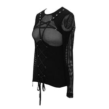 Load image into Gallery viewer, TT130 perspective pentagram chest black mesh punk women T-shirt with ribbons
