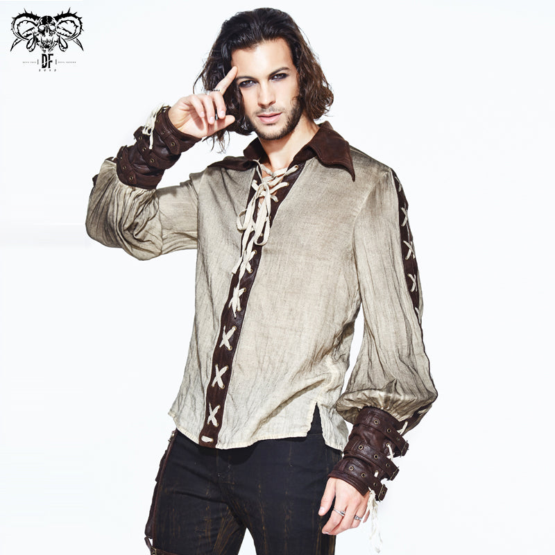 SHT031 stylish brown Steampunk vintage printed lace up men shirts with loops