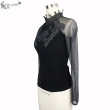 Load image into Gallery viewer, ETT005 Rose embossed small stand collar lace sleeves velvet sexy women T-shirt
