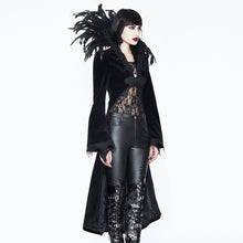 Load image into Gallery viewer, ECT004 Festival short front long back feather stand collar velveteen gothic women black long coat
