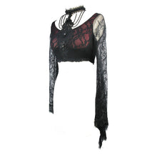 Load image into Gallery viewer, ETT010 Summer black and red sexy women lace sleeve ultrashort halter t-shirt with bead chains
