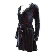 Load image into Gallery viewer, SKT141 daily life Black and red deep V neck sexy girls velvet loose lace belted dress
