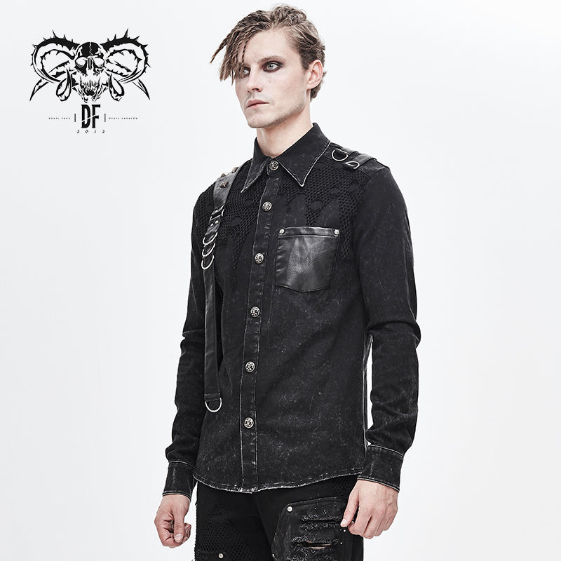 SHT049 Spring asymmetric design mesh spliced punk rock black