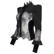 Load image into Gallery viewer, ESHT011 small stand collar long sleeves see through lace paneled sexy women black gothic blouse
