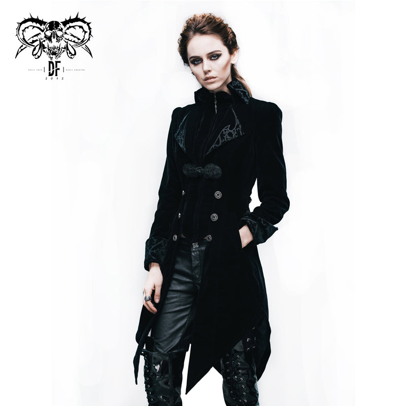 CT02001 gothic ladies embroidered high collar black dovetail velveteen coat