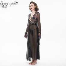 Load image into Gallery viewer, ESX004 see through flared sleeve lace black long night dress sexy lingerie
