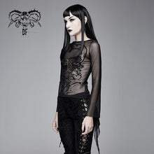 Load image into Gallery viewer, TT124 Gothic Snake flocking printed horn sleeve sexy ladies mesh T-shirt
